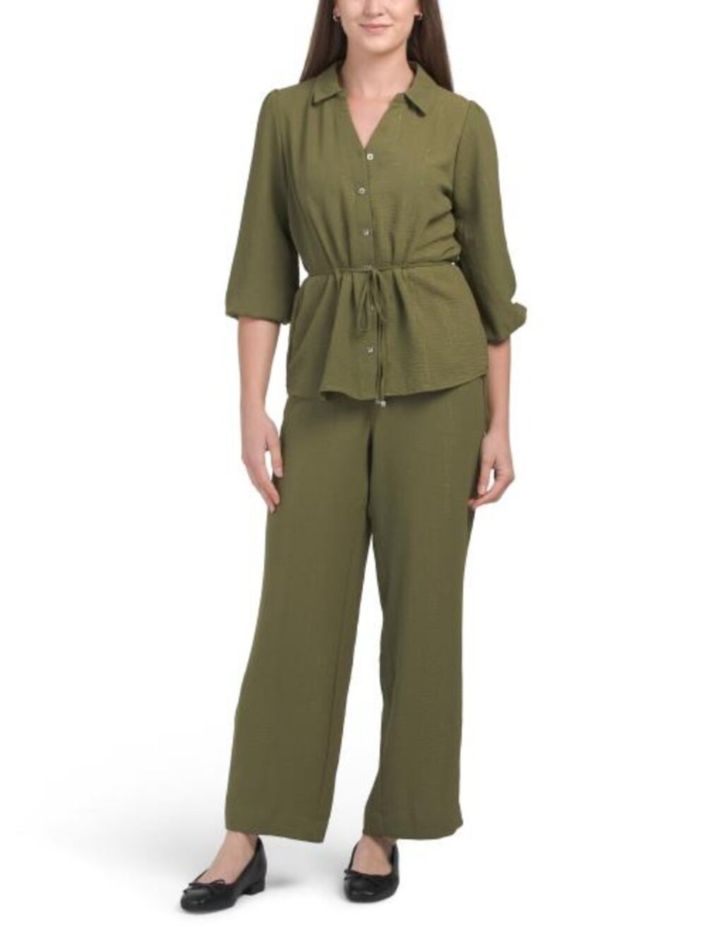 ADRIENNE VITTADINI 2pc Button Up Top With Waist Tie And Wide Leg Pants Set